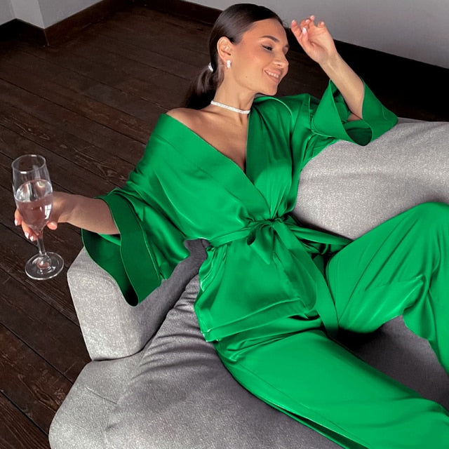 Women 2 Piece Satin Pants Loose Pajamas Casual Sleepwear