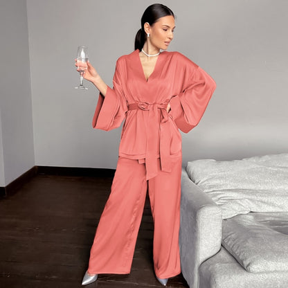 Women 2 Piece Satin Pants Loose Pajamas Casual Sleepwear