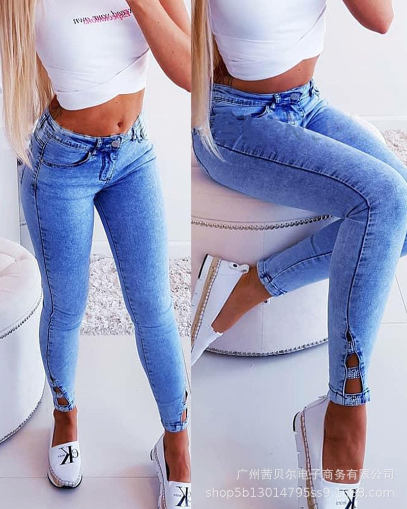 Women Hot Diamond Cutout Skinny Jeans