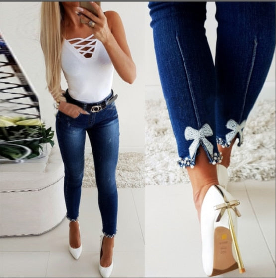 Women Hot Diamond Cutout Skinny Jeans