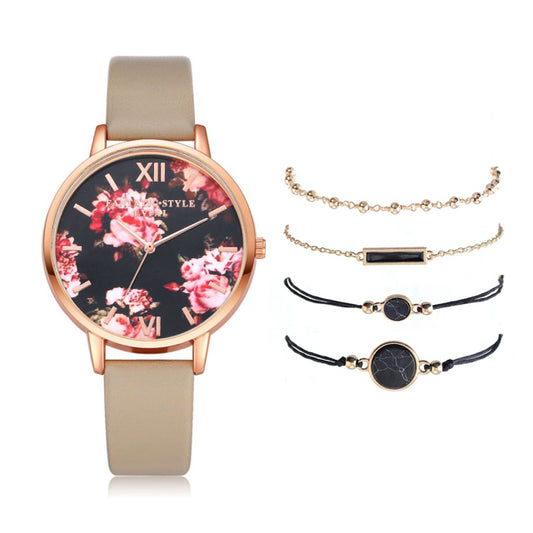 Women 5pcs Quartz Wristwatch Leather Bracelet Luxury Watch