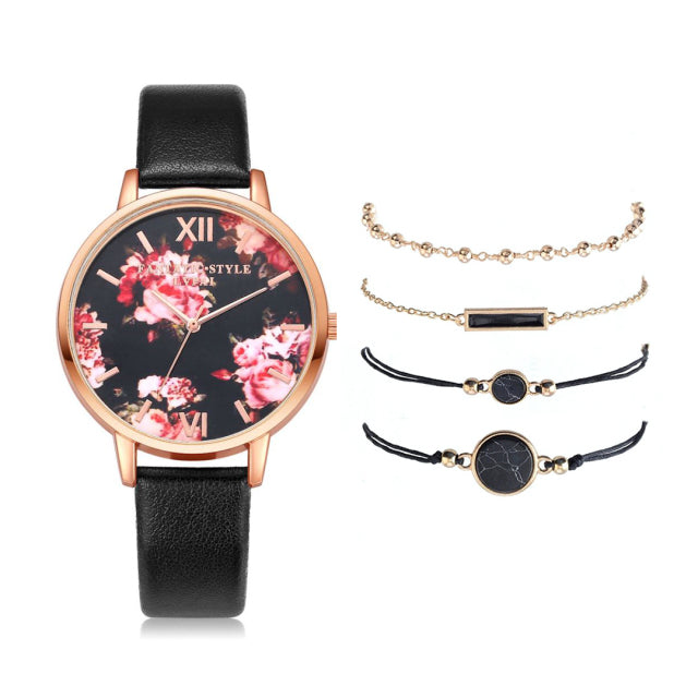 Women 5pcs Quartz Wristwatch Leather Bracelet Luxury Watch
