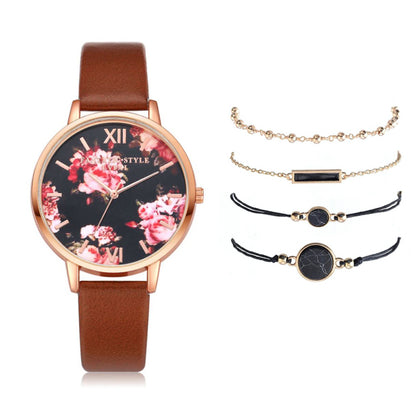 Women 5pcs Quartz Wristwatch Leather Bracelet Luxury Watch