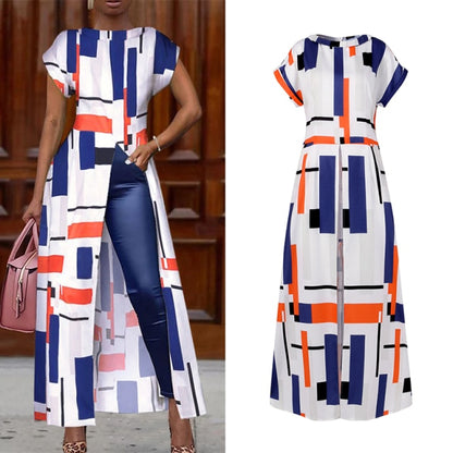 Elegant Print Women Vintage Long Front Side Split Shirt