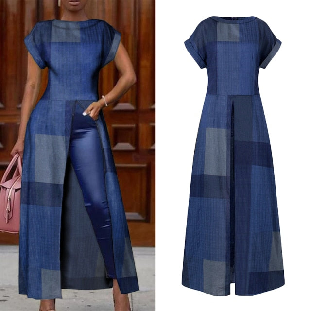 Elegant Print Women Vintage Long Front Side Split Shirt