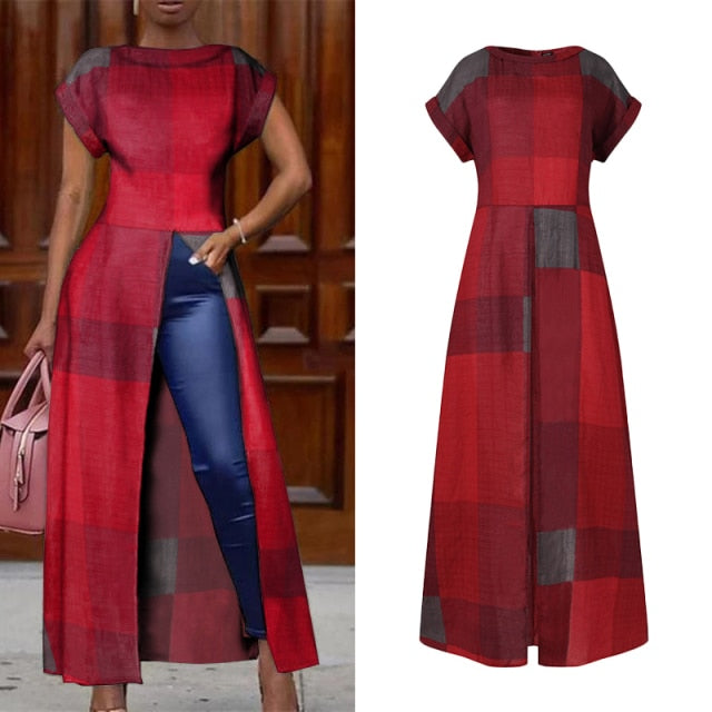 Elegant Print Women Vintage Long Front Side Split Shirt