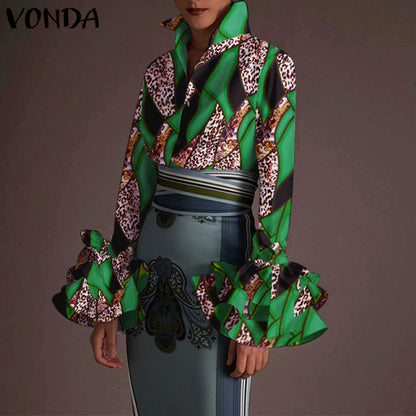 Women Long Sleeve Lapel Fashion Print Shirt