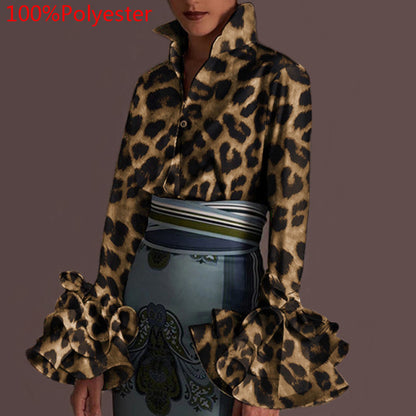 Women Long Sleeve Lapel Fashion Print Shirt