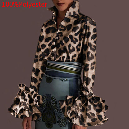 Women Long Sleeve Lapel Fashion Print Shirt