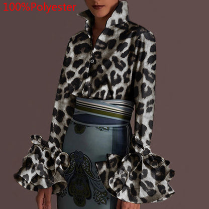 Women Long Sleeve Lapel Fashion Print Shirt