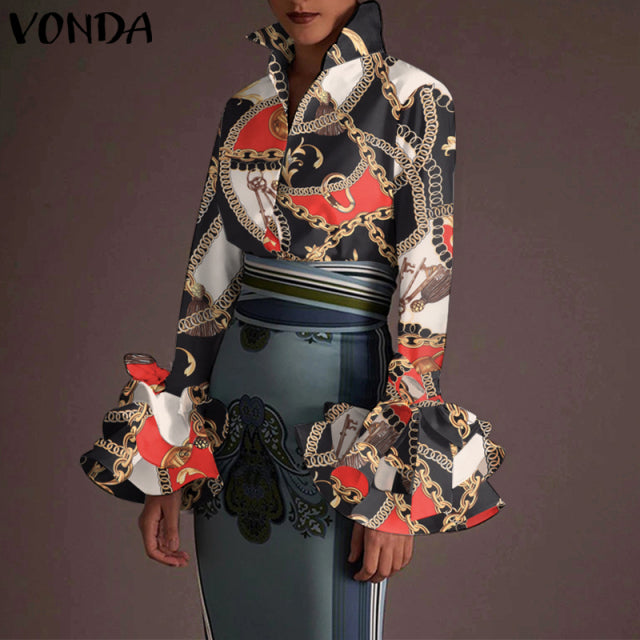 Women Long Sleeve Lapel Fashion Print Shirt