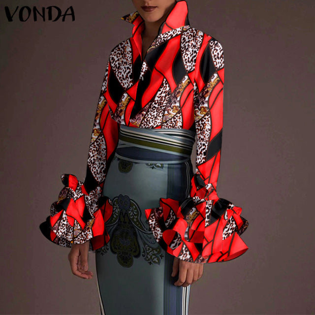 Women Long Sleeve Lapel Fashion Print Shirt