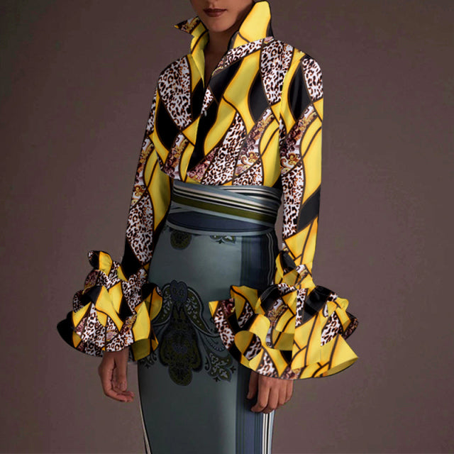 Women Long Sleeve Lapel Fashion Print Shirt