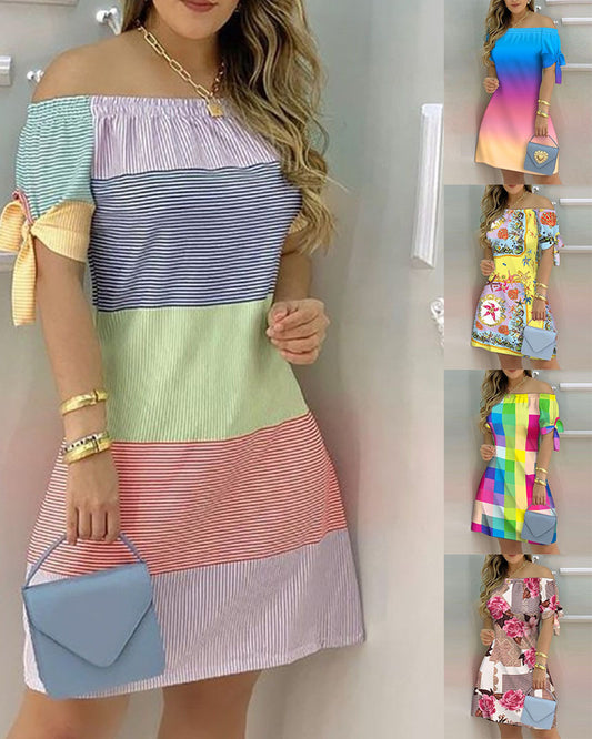 Women Off Shoulder Mini Short Sleeve Bow Dress