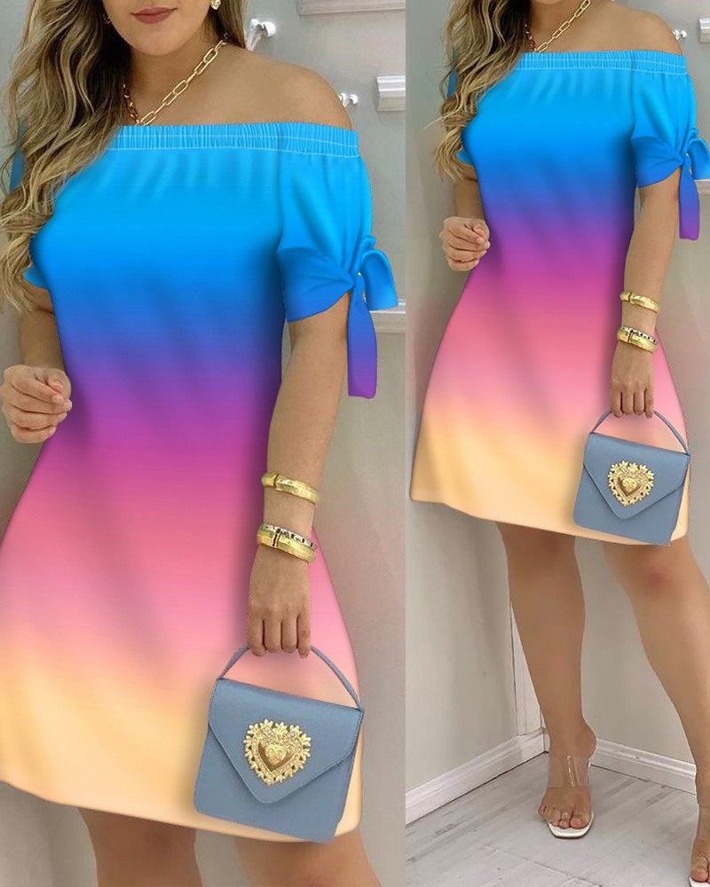 Women Off Shoulder Mini Short Sleeve Bow Dress