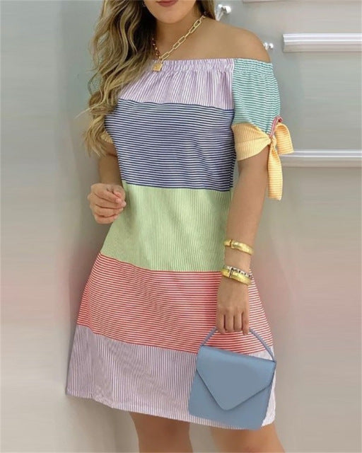 Women Off Shoulder Mini Short Sleeve Bow Dress