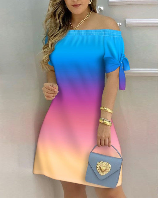Women Off Shoulder Mini Short Sleeve Bow Dress