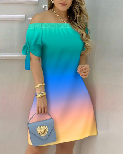 Women Off Shoulder Mini Short Sleeve Bow Dress