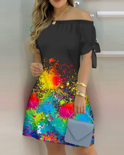 Women Off Shoulder Mini Short Sleeve Bow Dress