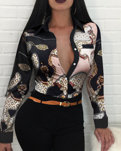 Women Solid Plaid Trim Buttoned Up Casual Long Sleeve Blouse