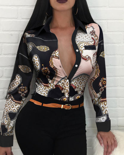 Women Solid Plaid Trim Buttoned Up Casual Long Sleeve Blouse