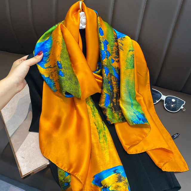 Women Silk Handmade Large Square Scarfs