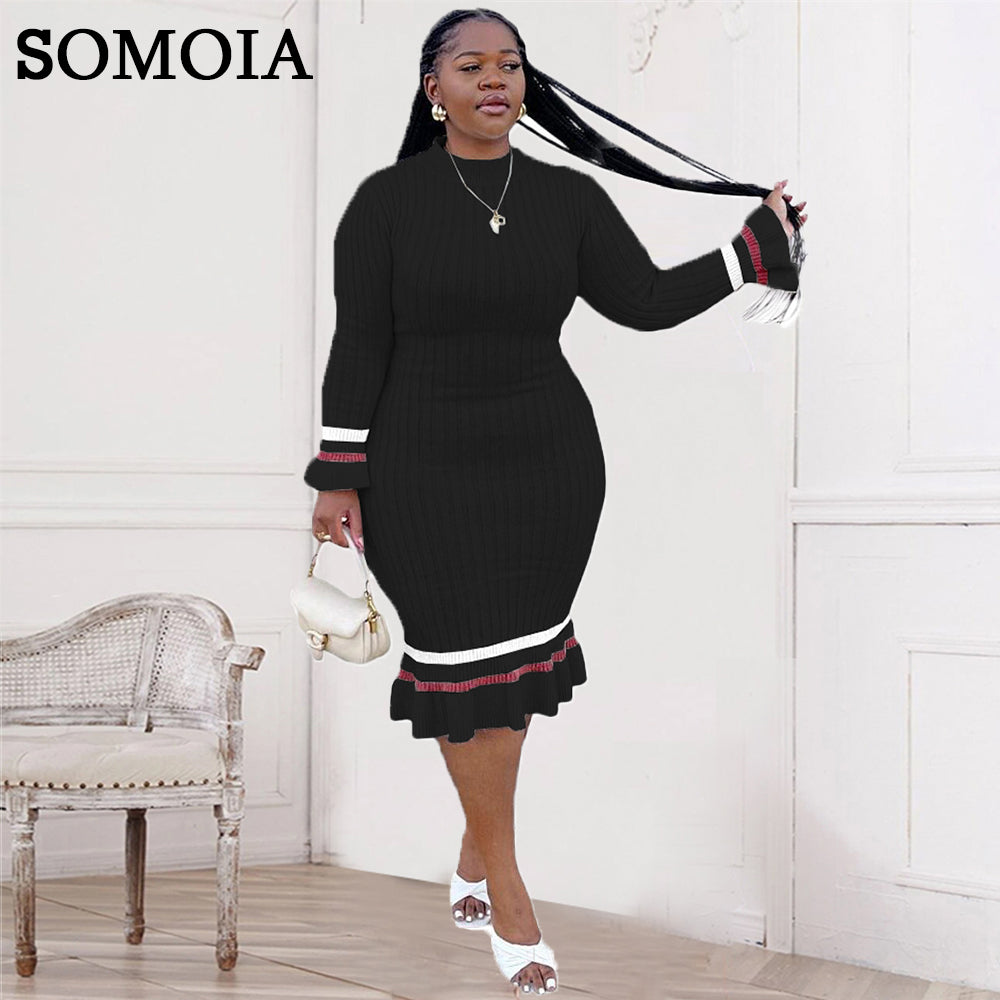 Plus Size Vintage Knitted Ribbing Bodycon Turtleneck Striped Dress