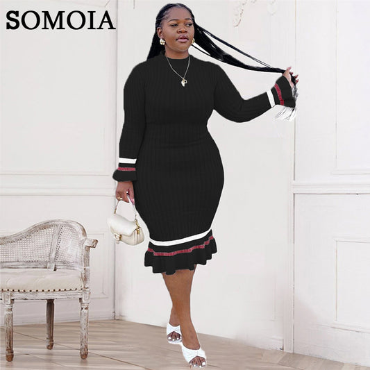 Plus Size Vintage Knitted Ribbing Bodycon Turtleneck Striped Dress