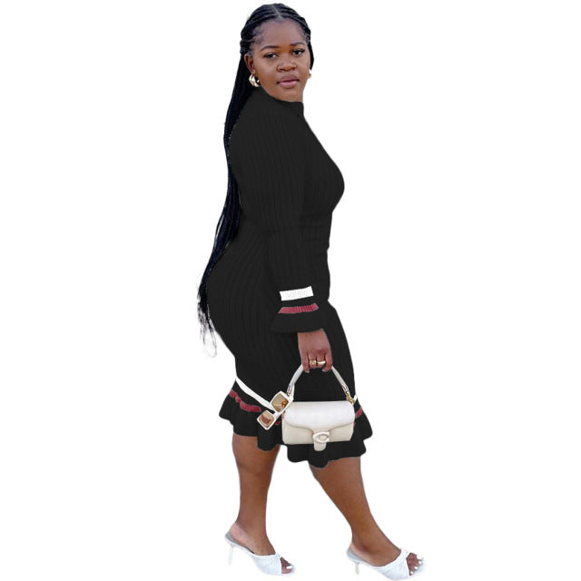 Plus Size Vintage Knitted Ribbing Bodycon Turtleneck Striped Dress