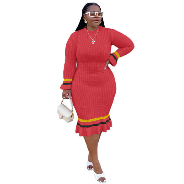 Plus Size Vintage Knitted Ribbing Bodycon Turtleneck Striped Dress