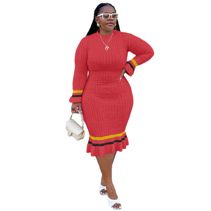 Plus Size Vintage Knitted Ribbing Bodycon Turtleneck Striped Dress