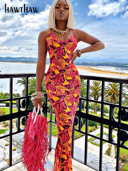 Women Sleeveless Printed V Neck Bodycon Pencil Long Dress