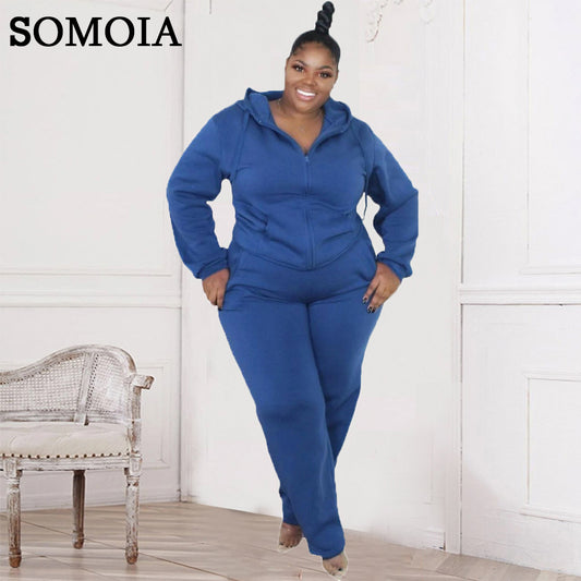 Plus Size Women Zip Up Hoodie Pockets Two Piece Set