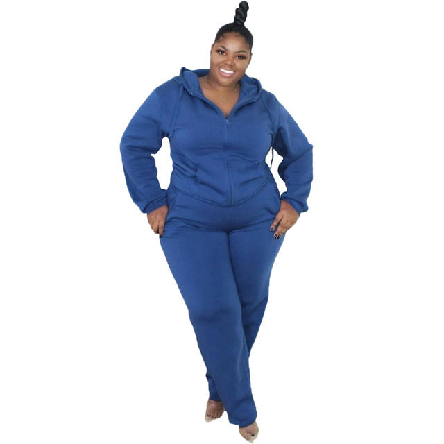 Plus Size Women Zip Up Hoodie Pockets Two Piece Set