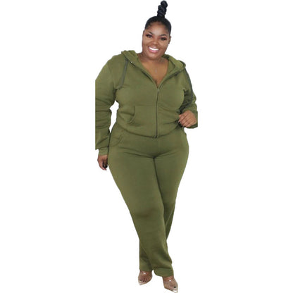 Plus Size Women Zip Up Hoodie Pockets Two Piece Set