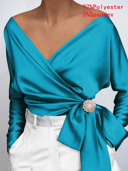 Women Fashion Elegant Solid Sexy V Neck Long Sleeve Top