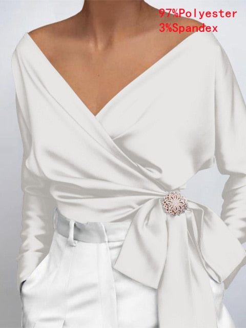 Women Fashion Elegant Solid Sexy V Neck Long Sleeve Top