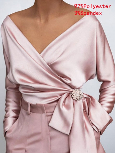 Women Fashion Elegant Solid Sexy V Neck Long Sleeve Top