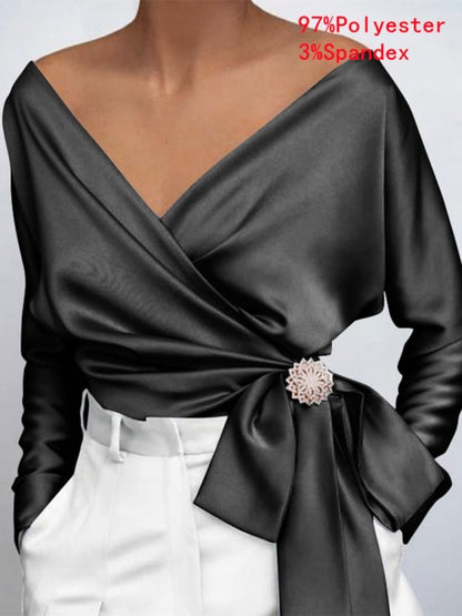 Women Fashion Elegant Solid Sexy V Neck Long Sleeve Top