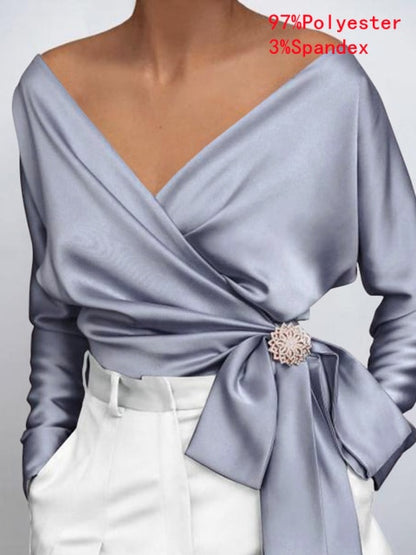 Women Fashion Elegant Solid Sexy V Neck Long Sleeve Top