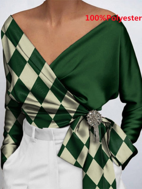 Women Fashion Elegant Solid Sexy V Neck Long Sleeve Top