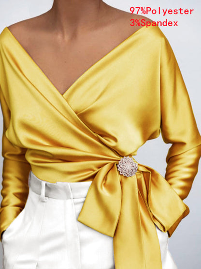 Women Fashion Elegant Solid Sexy V Neck Long Sleeve Top