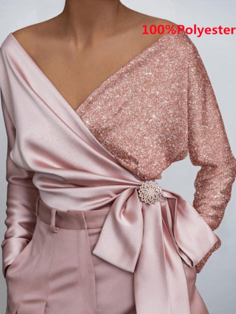 Women Fashion Elegant Solid Sexy V Neck Long Sleeve Top