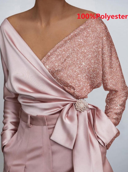 Women Fashion Elegant Solid Sexy V Neck Long Sleeve Top