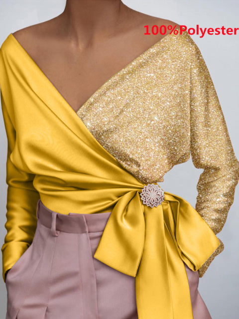 Women Fashion Elegant Solid Sexy V Neck Long Sleeve Top