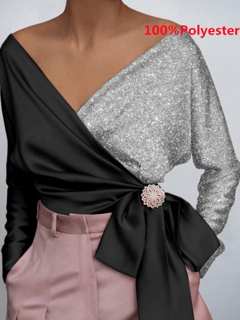 Women Fashion Elegant Solid Sexy V Neck Long Sleeve Top