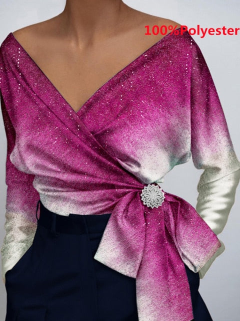 Women Fashion Elegant Solid Sexy V Neck Long Sleeve Top