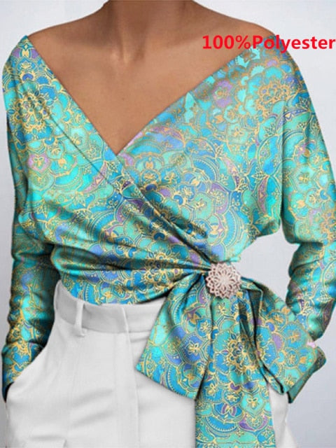 Women Fashion Elegant Solid Sexy V Neck Long Sleeve Top