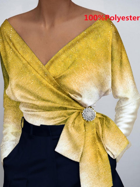 Women Fashion Elegant Solid Sexy V Neck Long Sleeve Top