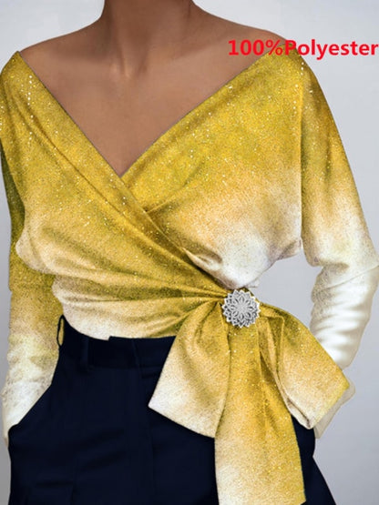 Women Fashion Elegant Solid Sexy V Neck Long Sleeve Top